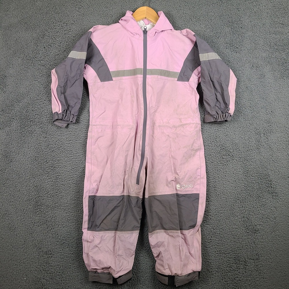 Oaki Kids Rain Suit Pink Grey Waterproof One Piece Hooded Mud Suit Size 6/7